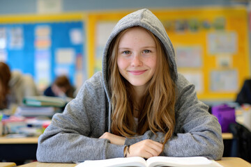 Confident Teenage Girl with Acne Smiling in Bright Classroom Setting