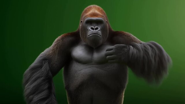 Powerful male gorilla chest beating mid-action on green screen intense display of strength video footage