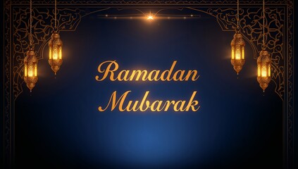 Ramadan mubarak greeting card with hanging lanterns and decorative frame on a blue gradient background