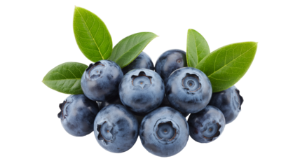 Fresh vibrant blueberries  png  isolated on transparent background, piled high with bright green leaves perfect for healthy eating promotions