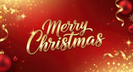Words of merry christmas written in golden script are displayed with decorations of golden ribbons, snowflakes, sparkles and red globes on a red gradient background