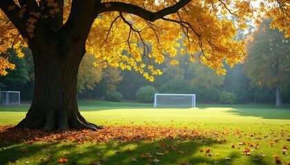 Large oak tree with yellow leaves in autumn park. Soccer goal on green grass field in background. Fallen leaves on ground under tree branches. Peaceful nature scene.