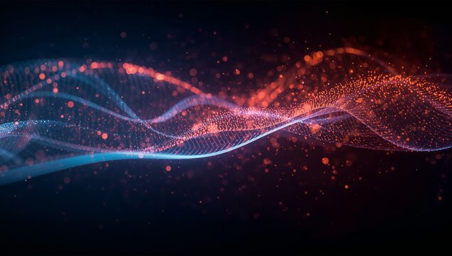 Abstract flowing wave pattern with red and blue particles on a dark gradient background design - Powered by Adobe