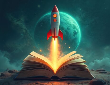 Open book launches rocket into night sky with glowing planet. Knowledge, imagination, and discovery launch dreams. Education leads to space exploration.