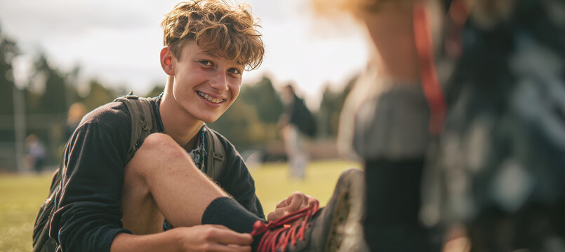 Teen Boy with Braces Tying Shoelaces on Soccer Field, Smiling at Friend - Powered by Adobe
