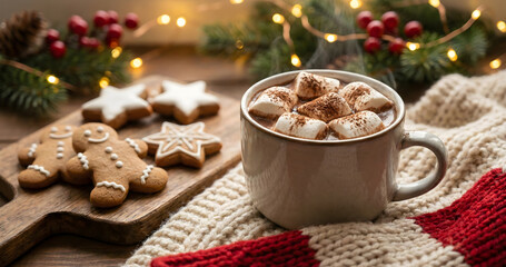 Cozy Christmas Hot Chocolate Mug with Marshmallows and Gingerbread Cookies on Wooden Table