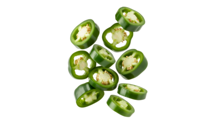 Spicy green jalapeño pepper slices  png  isolated on transparent background, adds zesty flavor, perfect for culinary creations and vibrant food presentation