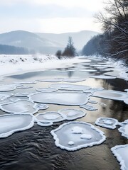 Frozen River Flowing Through Snowy Landscape with Ice Formations