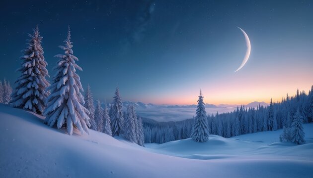 Snowy forest landscape at night under crescent moon and stars. Pine trees covered in snow create a tranquil winter scene. Mountains and mist visible in distance.