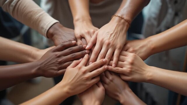 Close up of diverse hands in a team supporting each other, symbolizing unity and collaboration. 4k video - Powered by Adobe