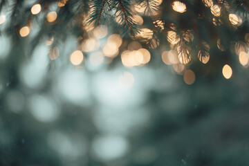 Soft glowing christmas lights with pine branches creating a dreamy festive winter background, concept of holiday visuals