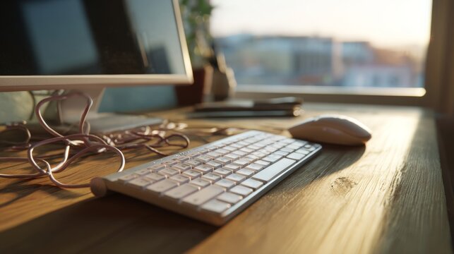 Elegant workspace featuring a modern computer setup with a wooden desk and soft sunlight filtering through the window. - Powered by Adobe