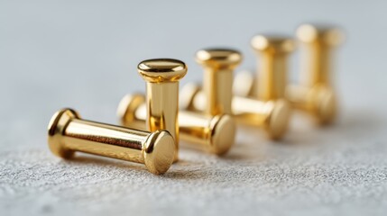 A collection of gleaming gold-colored dumbbells arranged on a textured surface.