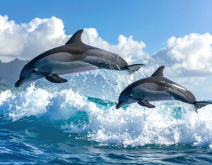 Fototapeta premium Two dolphins leap from ocean waves against a backdrop of clouds and mountains