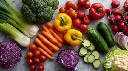 A vibrant array of fresh vegetables including yellow bell peppers, cucumbers, and radishes arranged on a marble surface.