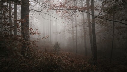 A foggy forest scene with tall trees and fallen leaves creating a mysterious and atmospheric landscape