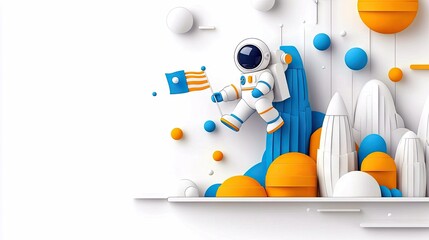 A cartoon astronaut with an American flag is walking on a stylized space landscape with white, blue, and orange elements.