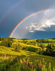 Obraz premium Majestic double rainbow over lush green hills, dramatic sky