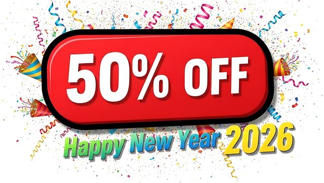 Huge 2026 New Year's sale get 50% off now with colorful confetti and party decorations for your next promotion or advertising campaign this holiday season! - Powered by Adobe