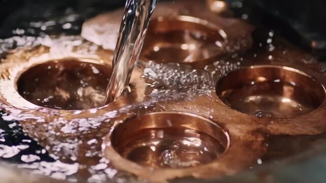 Medium shot capturing the functional electrolytic copper plating process focusing on uniform copper deposition on industrial components.
