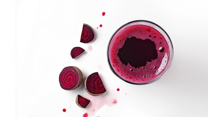 Fresh beetroot juice in glass with sliced beets on white background