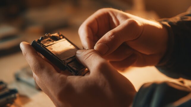 A close-up of a male's hands carefully repairing a vintage electronic device in a warm, well-lit workshop.