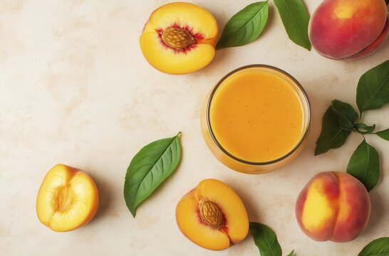 Fresh peach juice with whole and sliced peaches on natural background