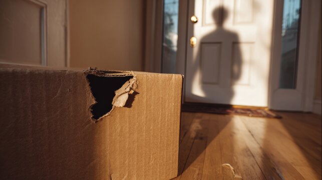 A shadowy figure stands at the door, creating a sense of mystery near a damaged cardboard box.