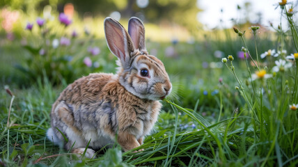 Fototapeta premium A rabbit nibbles on newly cut grass blades