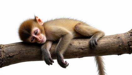 Young monkey sleeps on tree branch. Primate rests peacefully in natural habitat. Cute animal relaxes on wood in zoo. Wild fauna exhibits calm pose. Innocent creature naps on limb.