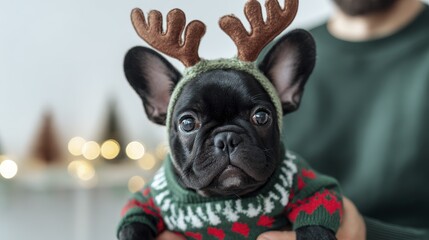 Adorable bulldog in holiday sweater and antlers with festive background