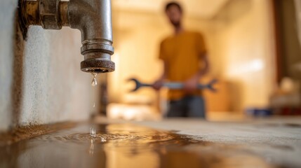 A focused young man in an orange shirt uses a wrench to fix a dripping faucet, emphasizing home repair and maintenance.