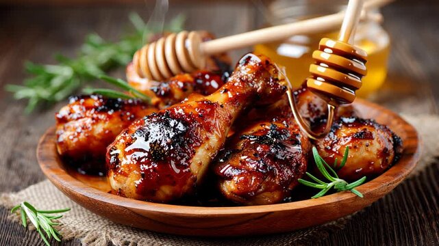 A plate of chicken wings with honey on top