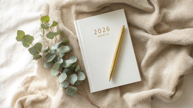 Elegant 2026 goals planner with gold pen on cozy beige fabric with eucalyptus