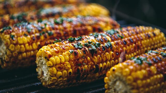 A row of corn on a grill closeup