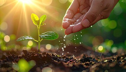 Hand waters small plant with bright sunlight shining, promoting growth