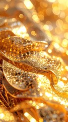 Close-up of golden, sparkling petals with bokeh effect and bright light