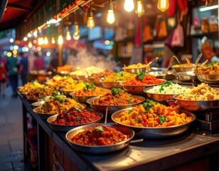 Fototapeta premium Food stall display with various dishes, steaming, under string lights