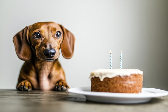 Adorable dachshund pup celebrating birthday with cake and candles on table