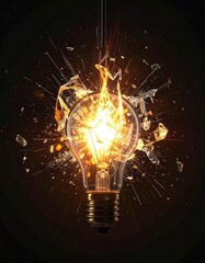 Exploding lightbulb with bright light and shattered glass against dark background