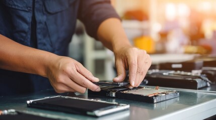 A technician, wearing a blue shirt, meticulously repairs smartphones in a well-lit workshop, showcasing expertise and focus.