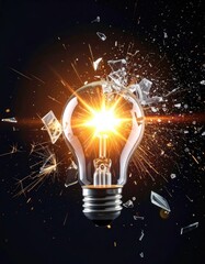 Exploding lightbulb with bright internal glow and scattered glass fragments