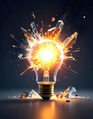 Bright lightbulb explosion, shattering glass, creative concept