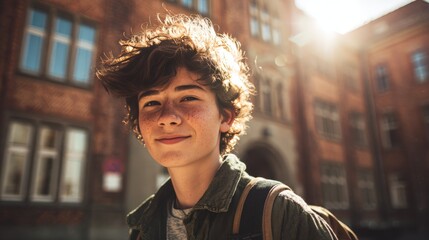 Confident Teen Boy with Backpack Outside School Building in Sunlight