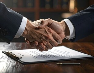 Close up of two business partners shaking hands over a contract