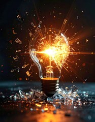 Bursting lightbulb explodes with energy, sparking shards. Concept of innovation