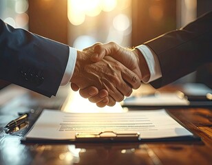 Two people in suits shaking hands over a signed contract. Sunlight in background