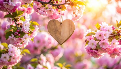 Wooden heart hanging among pink spring blossoms in warm sunlight, romantic bokeh background. Perfect for love, wedding, Valentine’s Day, spring, greeting card, tenderness.