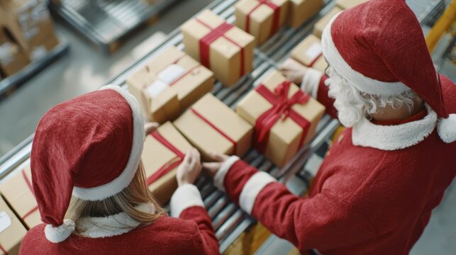 Santa claus workshop: gift wrapping team preparing christmas presents on conveyor belt