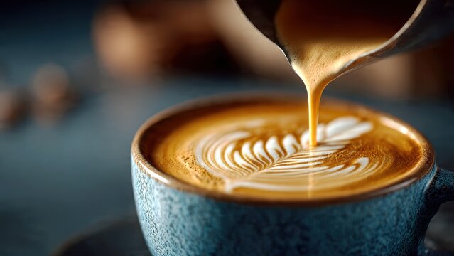 Latte art creation by skilled barista in warm, inviting coffee environment